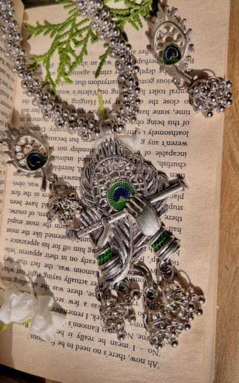 Divine Melody: Shri Krishna Murli Jewelry Set | Oxidized German Silver | Handpainted & UV Resin Coated - Image 4