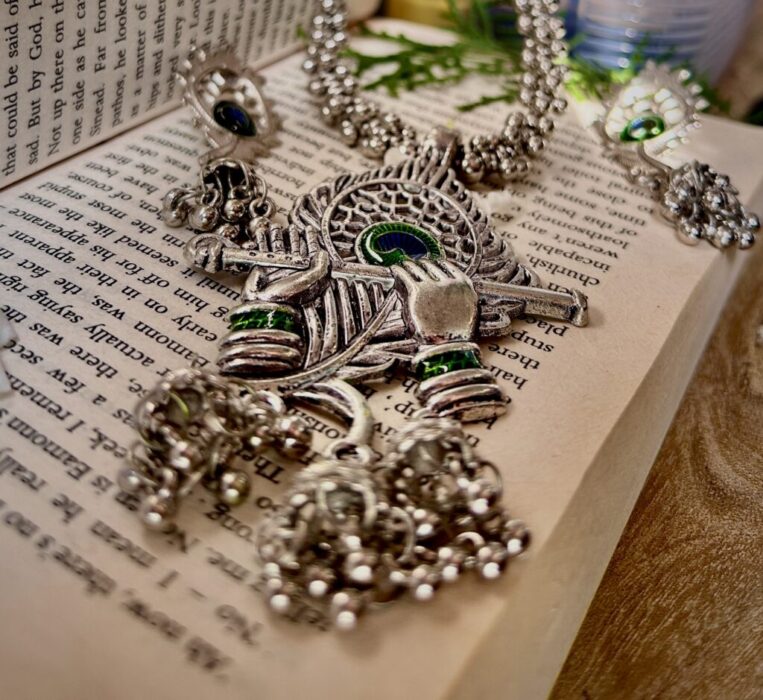 Divine Melody: Shri Krishna Murli Jewelry Set | Oxidized German Silver | Handpainted & UV Resin Coated - Image 5