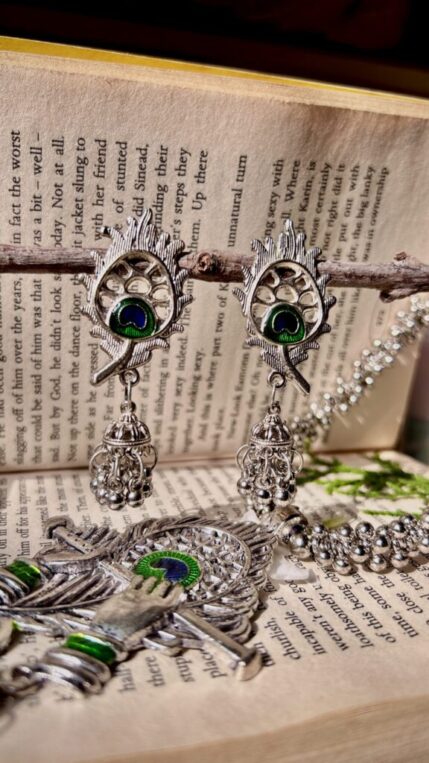 Divine Melody: Shri Krishna Murli Jewelry Set | Oxidized German Silver | Handpainted & UV Resin Coated - Image 3