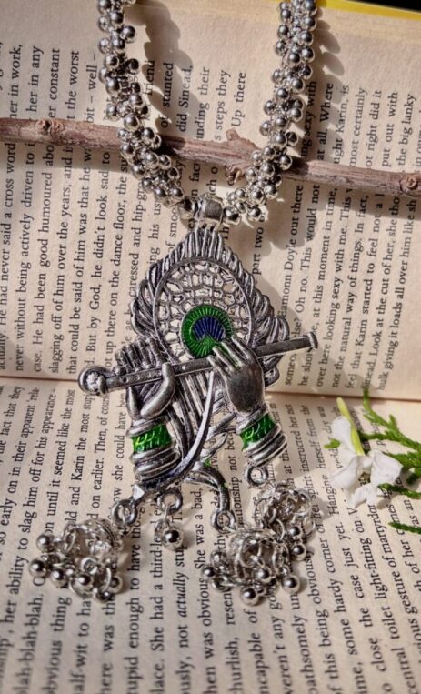 Divine Melody: Shri Krishna Murli Jewelry Set | Oxidized German Silver | Handpainted & UV Resin Coated