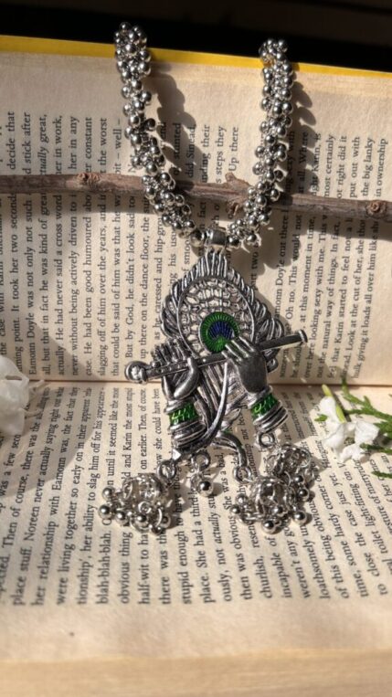 Divine Melody: Shri Krishna Murli Jewelry Set | Oxidized German Silver | Handpainted & UV Resin Coated - Image 2