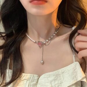 Heart shape zircon pearl pink heart necklace