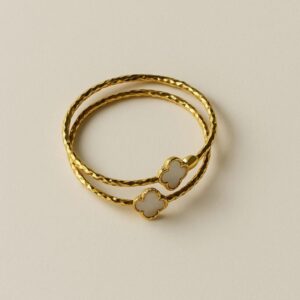 Minimal White Four Lucky Clover Gold Bangles Set of -2