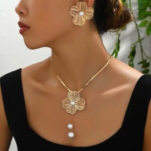 Korean Gold Plated Chunky Flower Earrings and Necklace Set