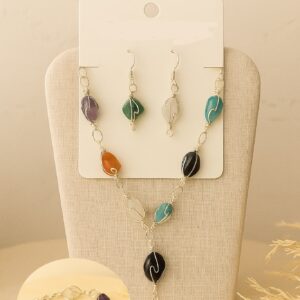Silver plated Real Stone Necklace earrings and bracelet Set - Assorted colours